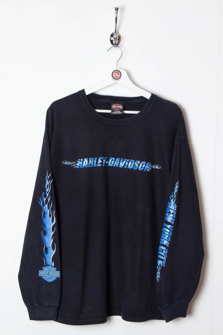 2000 Harley Davidson New York City Blue Flame Longsleeve T-Shirt (M) - 97th Vintage