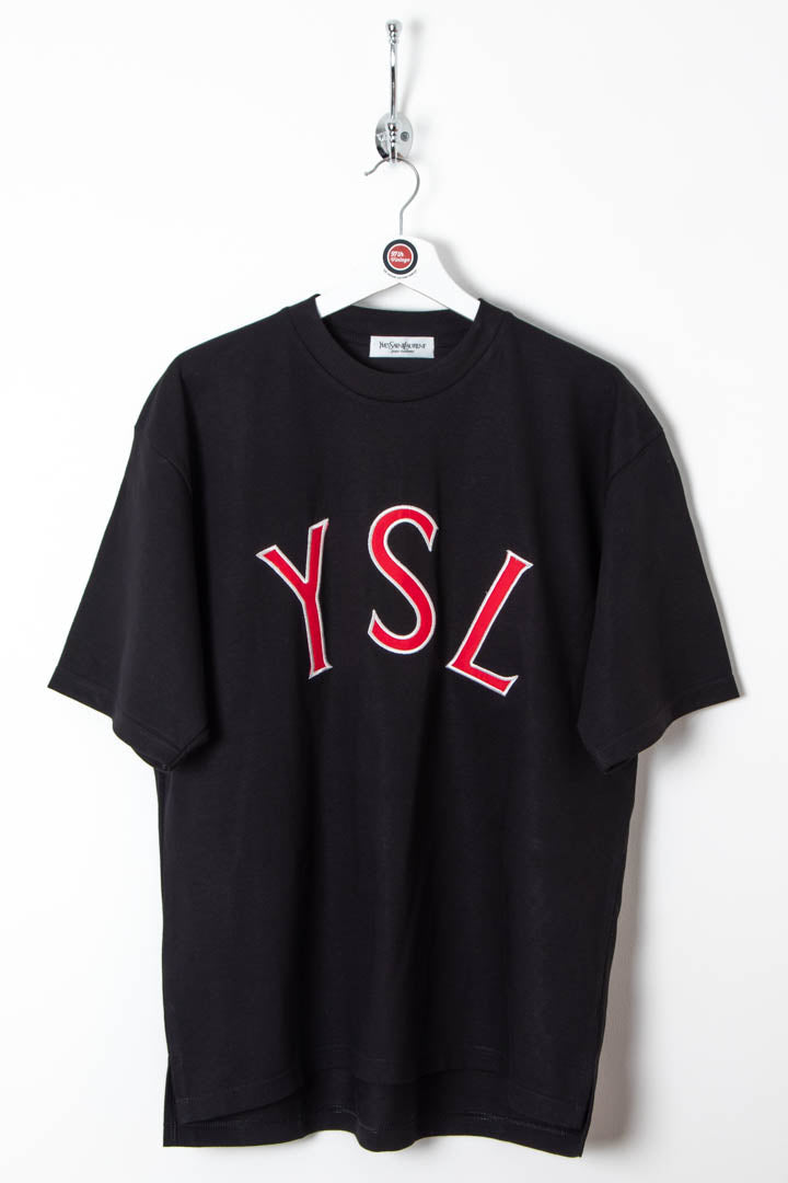 Image of Black t-shirt with red 'YSL' letters on a white background