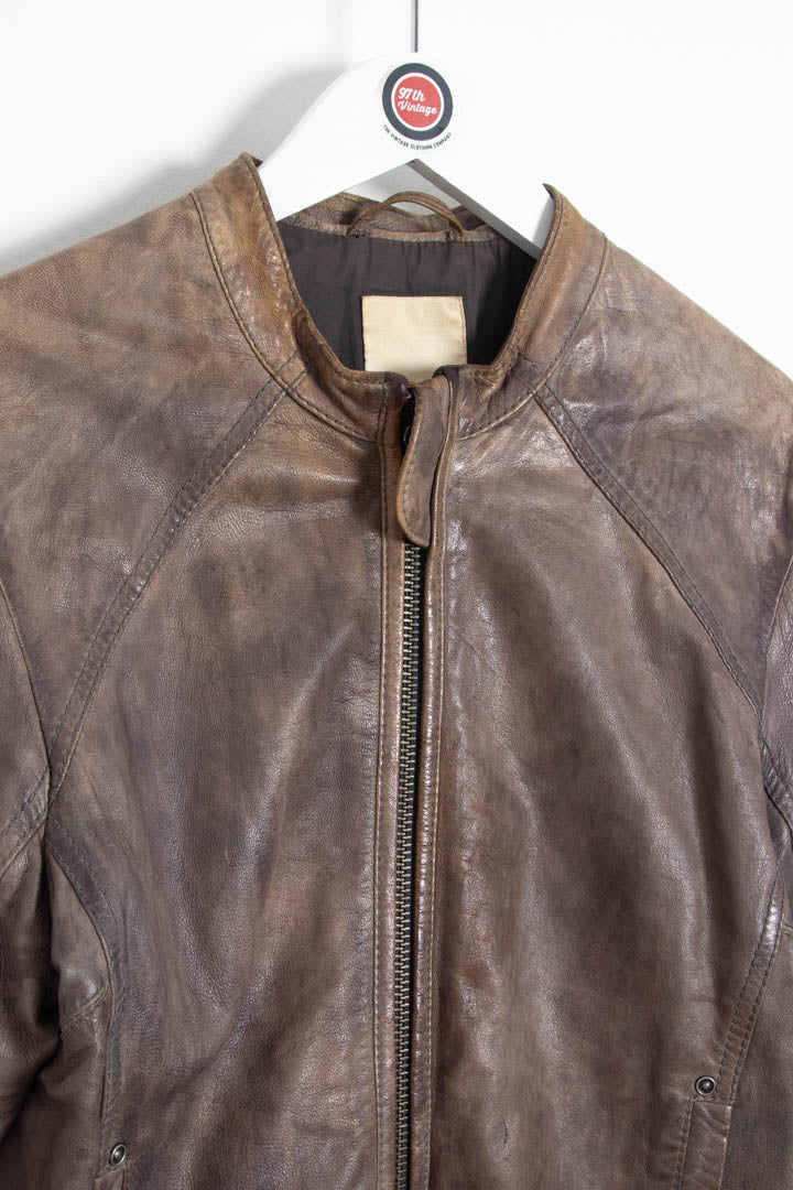 Image of Women's Diesel Distressed Brown Leather Biker Jacket (S)