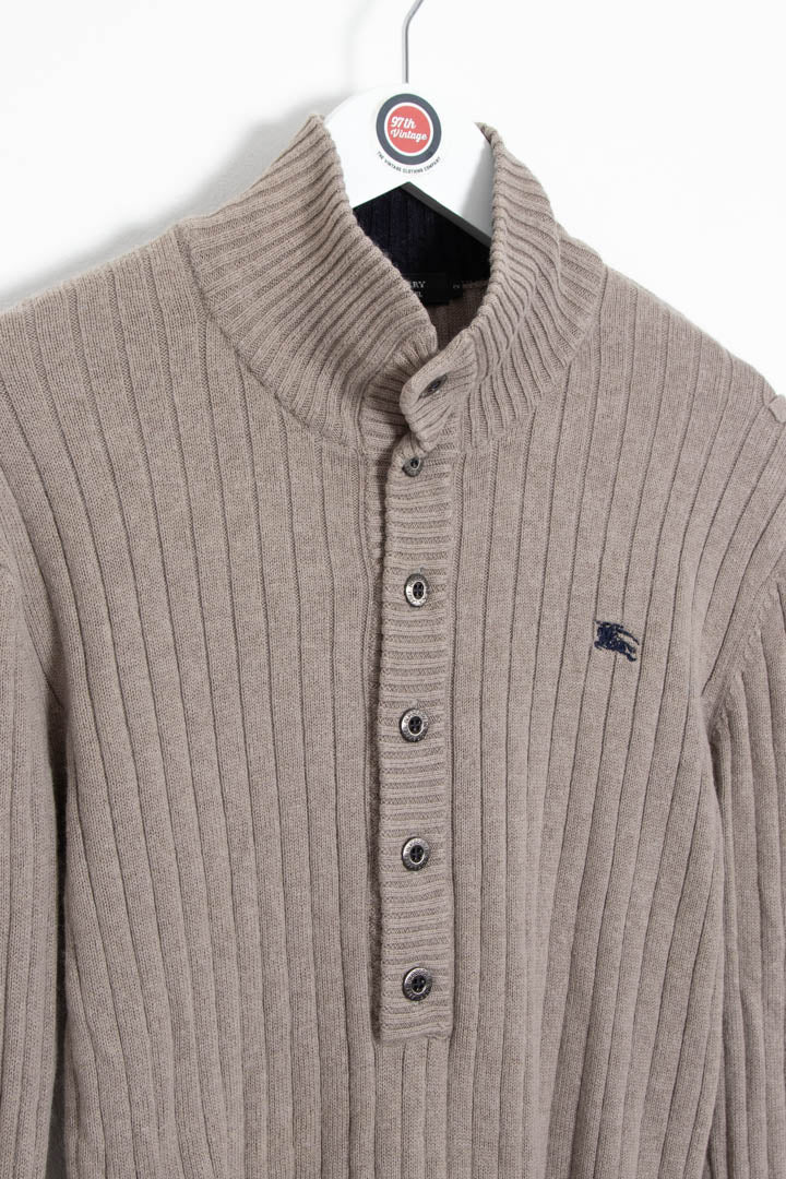 Image of Burberry Half Button Ribbed Knitted Sweater (XS)
