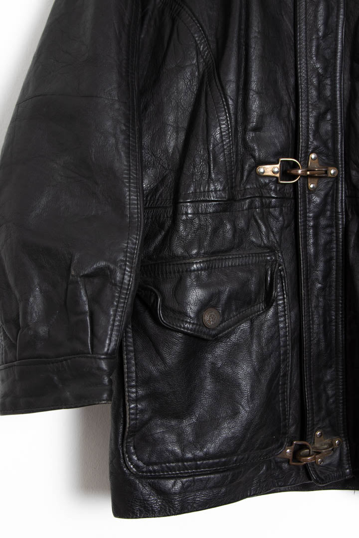 Image of Black Fireman Clasp Leather Jacket (S)