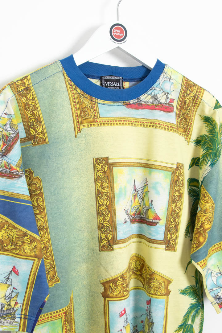Image of Versace Jeans Couture Marine Art Sailing Ships Print T-Shirt (S)