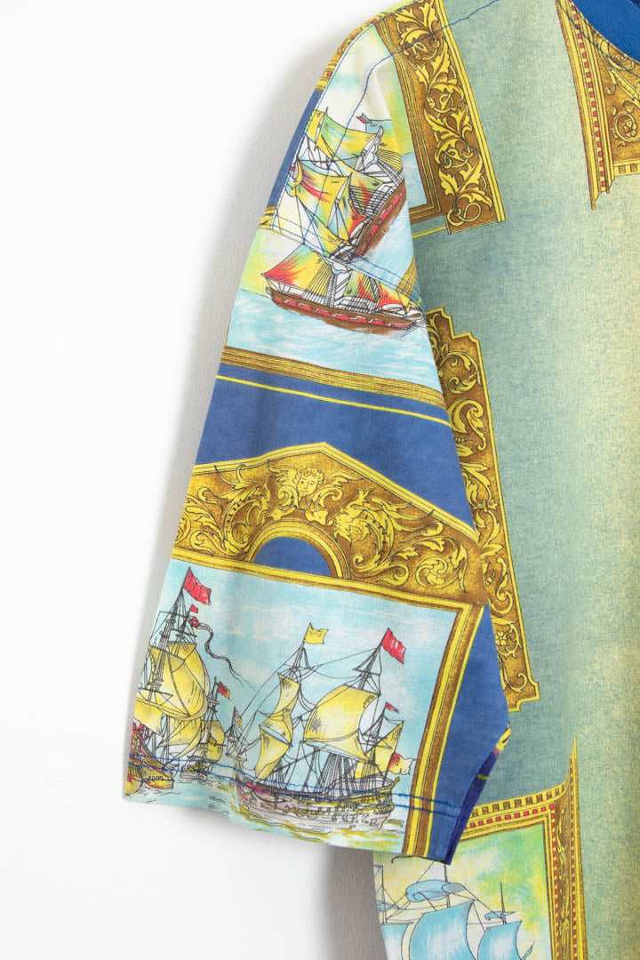 Image of Versace Jeans Couture Marine Art Sailing Ships Print T-Shirt (S)