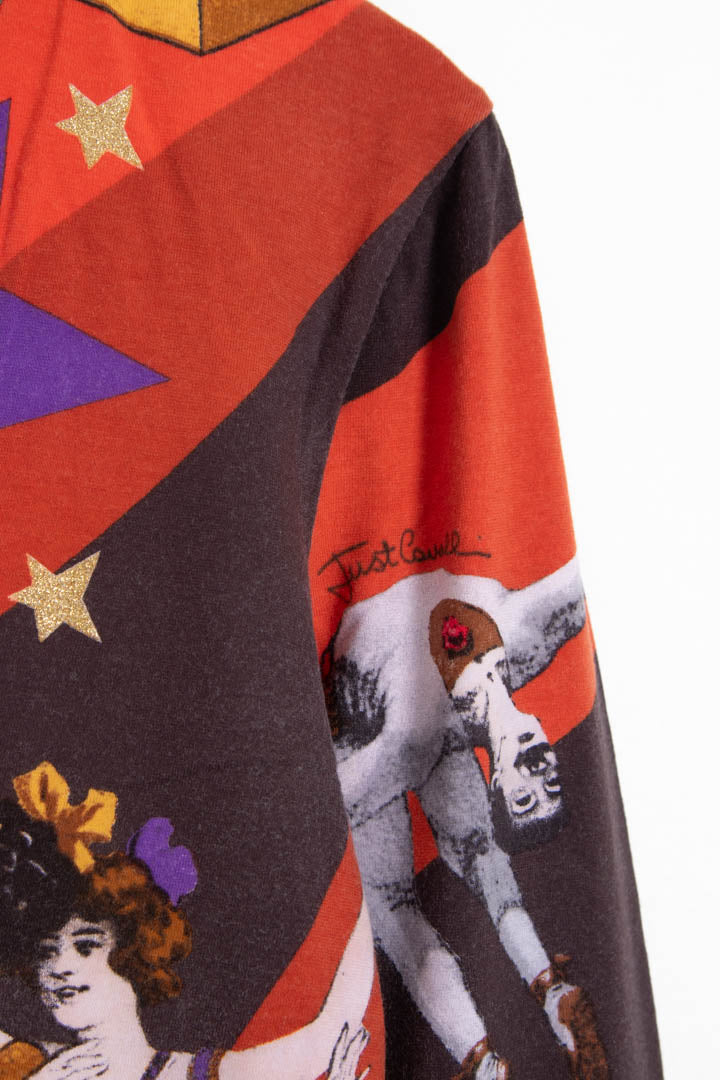 Image of Women's Just Cavalli Circus Graphic V Neck Long Sleeve Top (L)