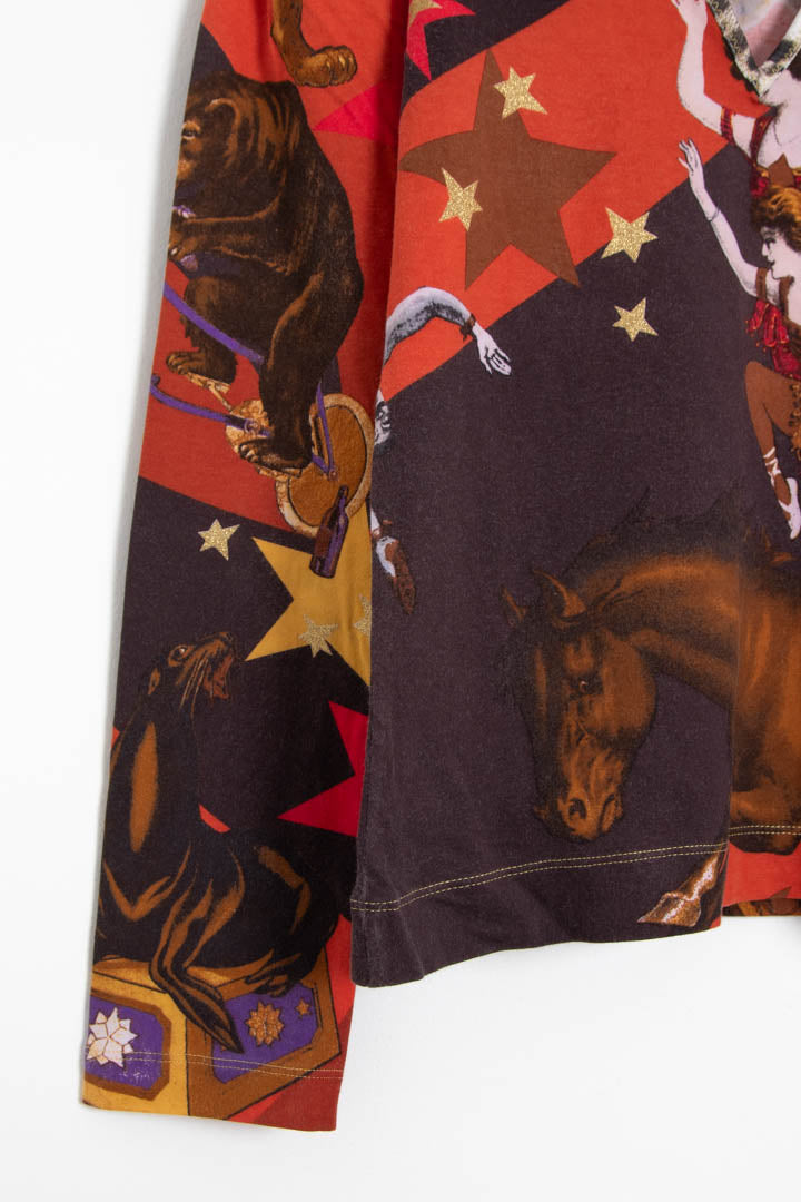 Image of Women's Just Cavalli Circus Graphic V Neck Long Sleeve Top (L)