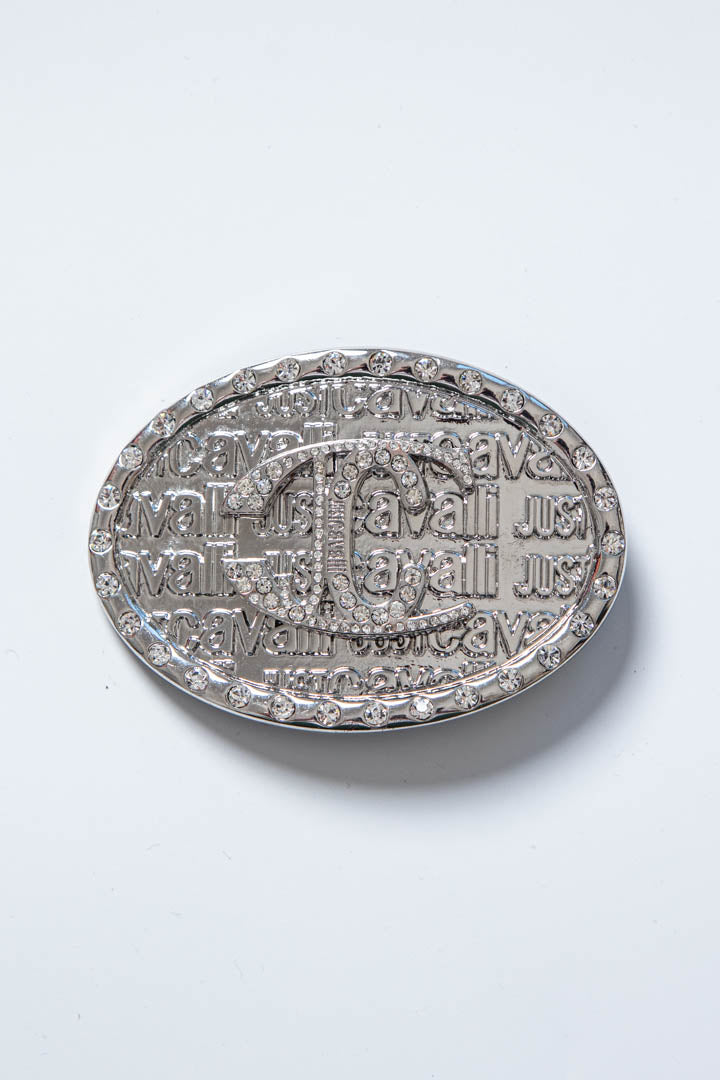 Image of Just Cavalli JC Rhinestone Logo Oval Metal Belt Buckle