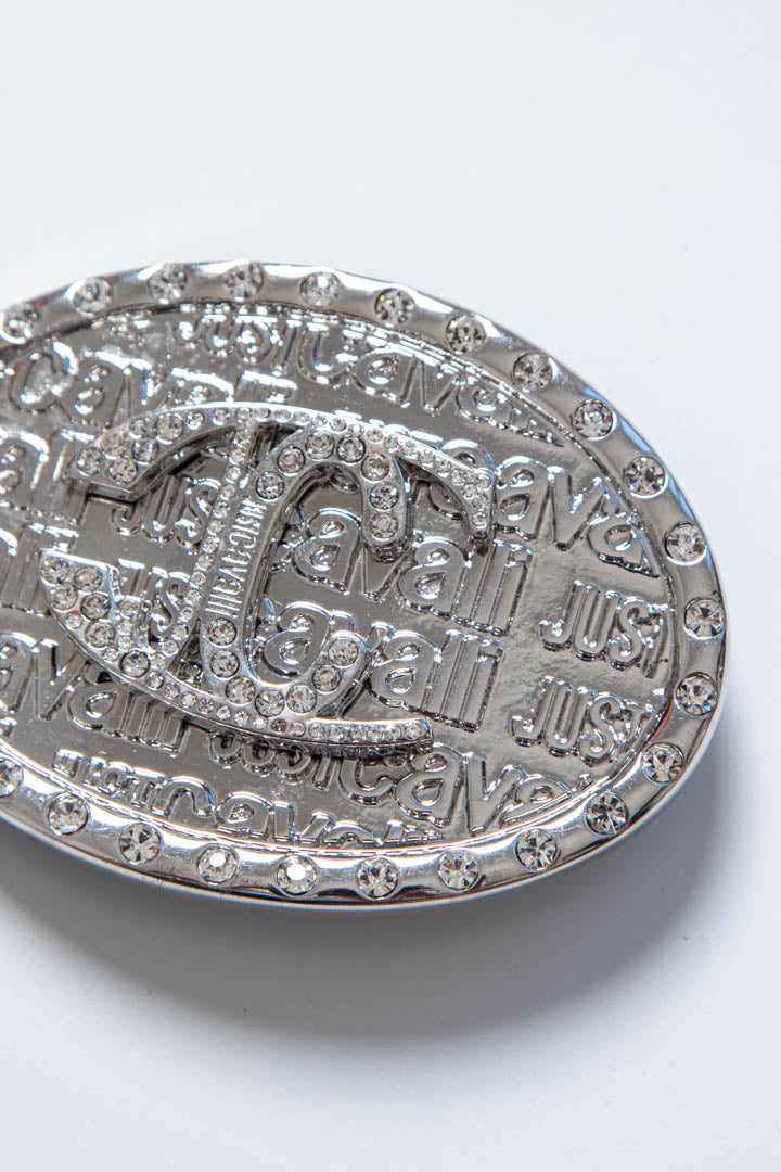 Image of Just Cavalli JC Rhinestone Logo Oval Metal Belt Buckle