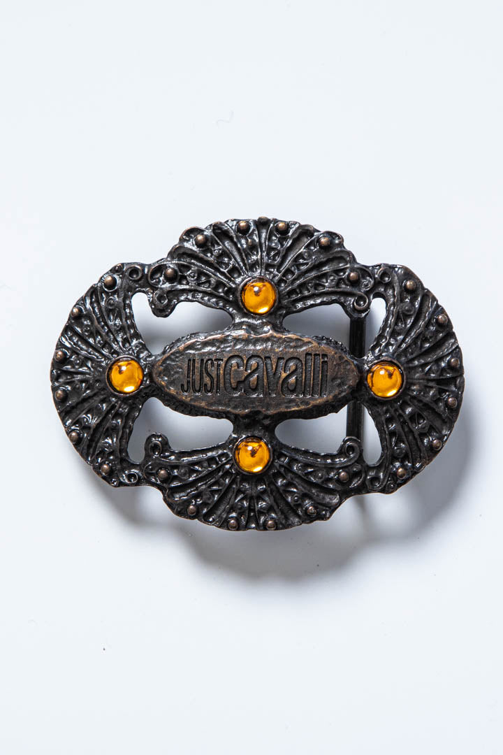 Image of Just Cavalli Ornate Logo Metal Belt Buckle