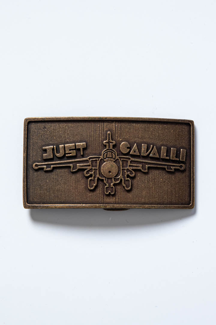 Image of Just Cavalli Embossed Airplane Logo Metal Belt Buckle