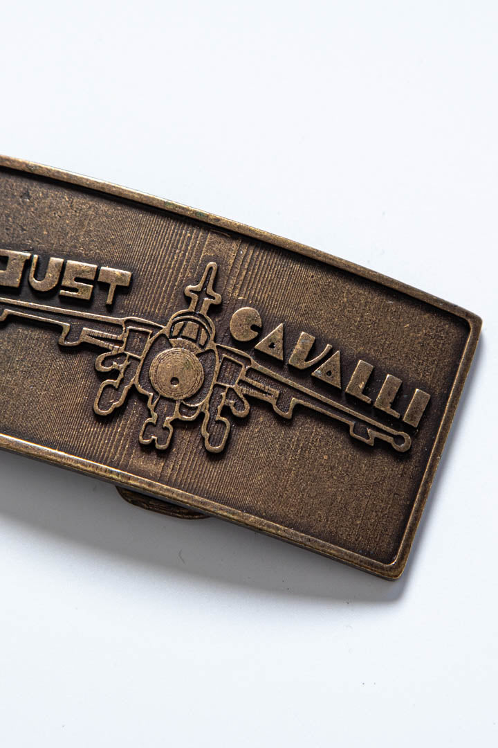 Image of Just Cavalli Embossed Airplane Logo Metal Belt Buckle