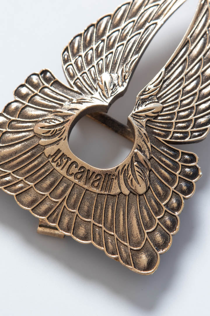 Image of Just Cavalli Symmetrical Feathered Wings Metal Belt Buckle