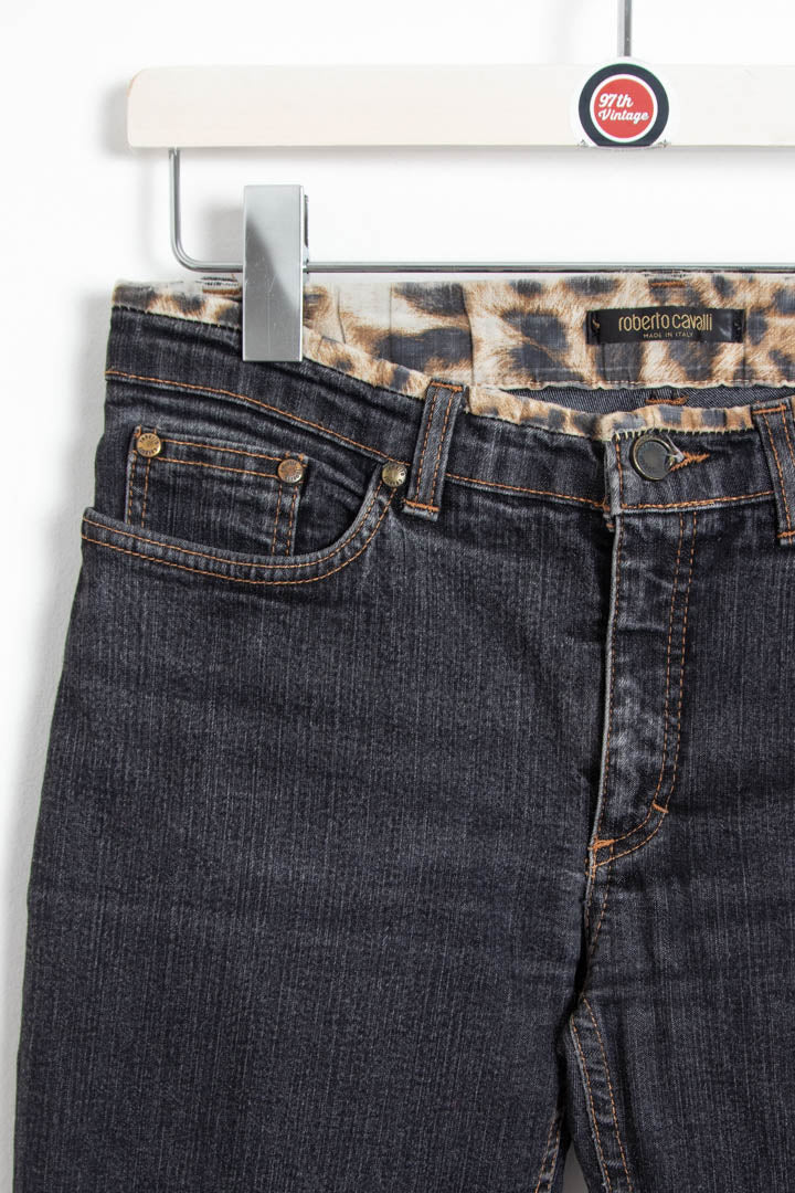 Image of Women's Roberto Cavalli Rhinestone Pocket Logo Leopard Detailing Jeans (UK 8)