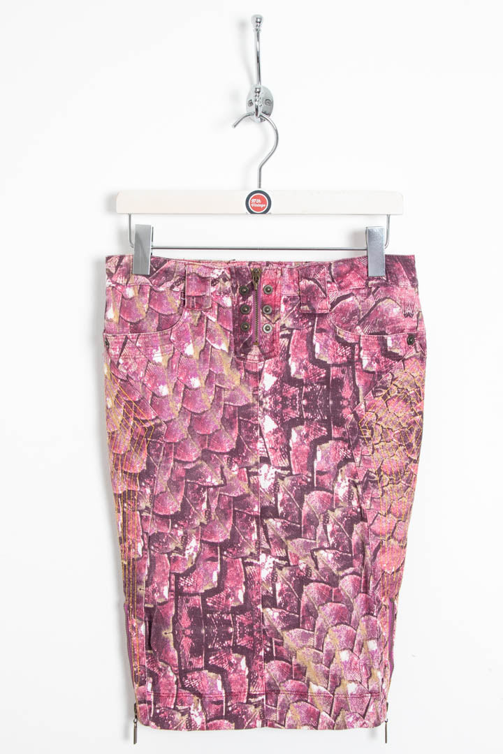 Image of Women's Just Cavalli Pink Python Scale Printed Denim Midi Skirt (UK 10)