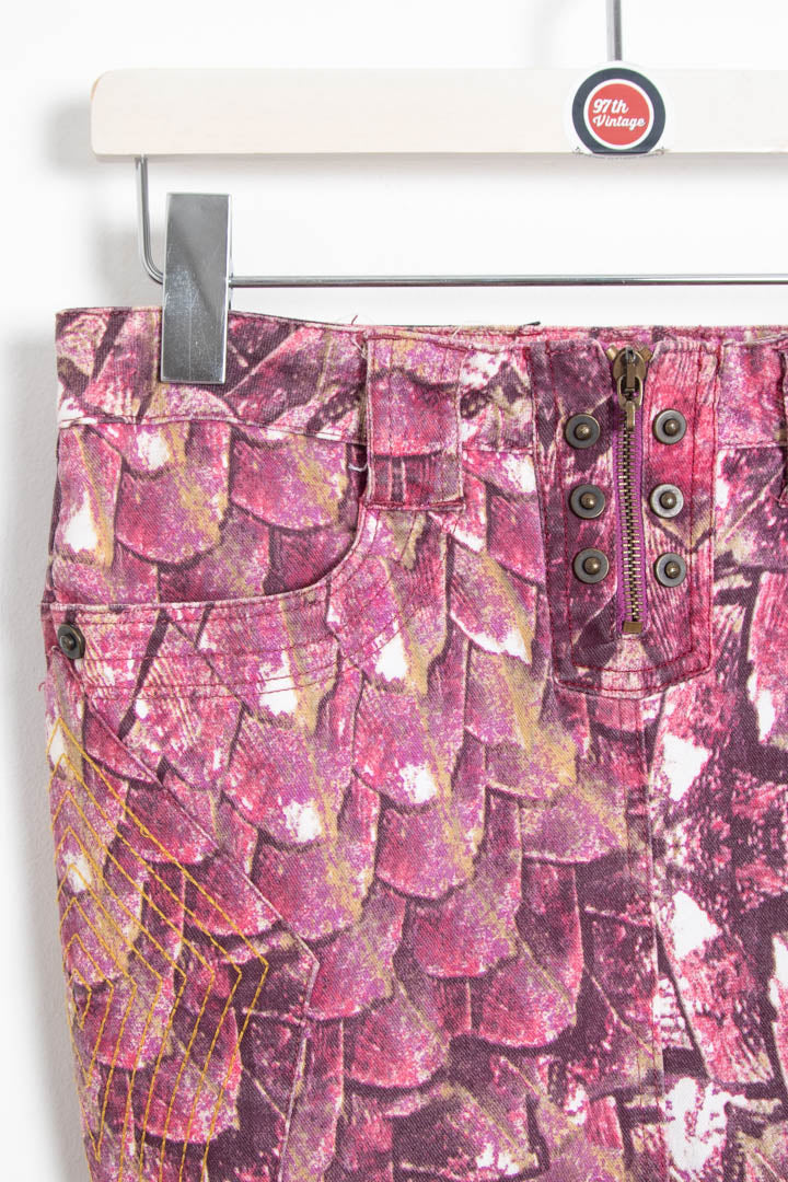 Image of Women's Just Cavalli Pink Python Scale Printed Denim Midi Skirt (UK 10)