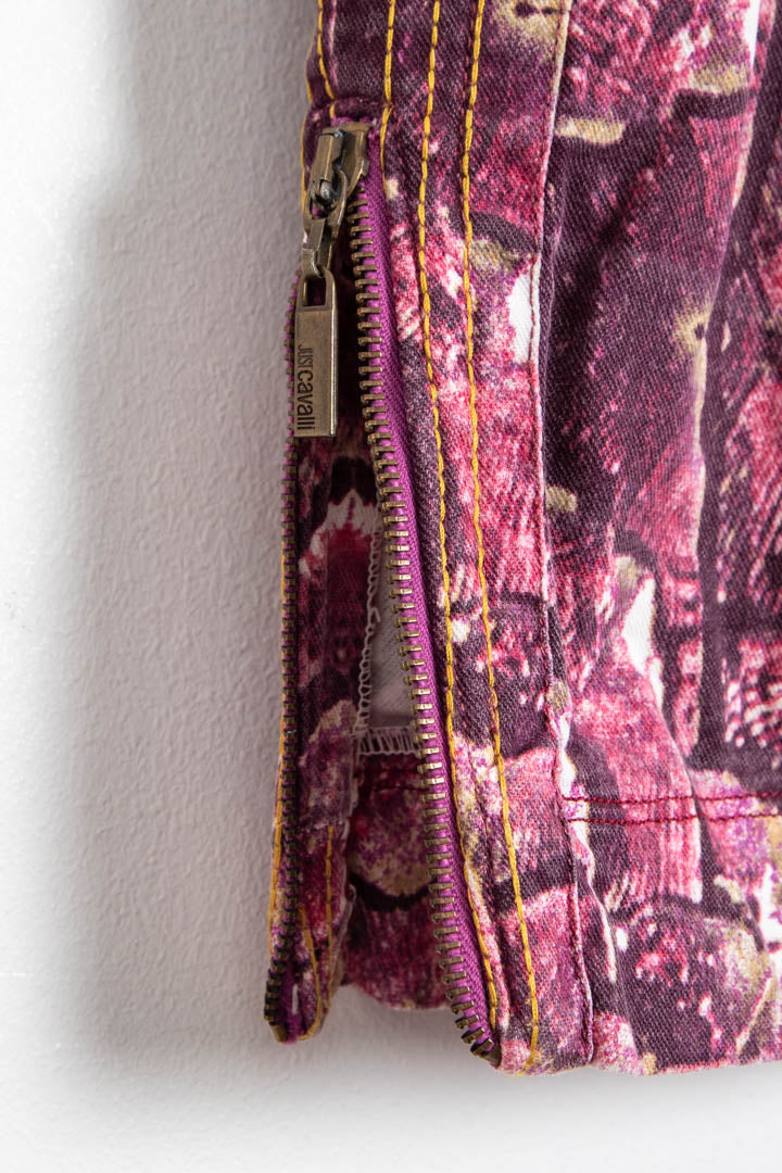 Image of Women's Just Cavalli Pink Python Scale Printed Denim Midi Skirt (UK 10)