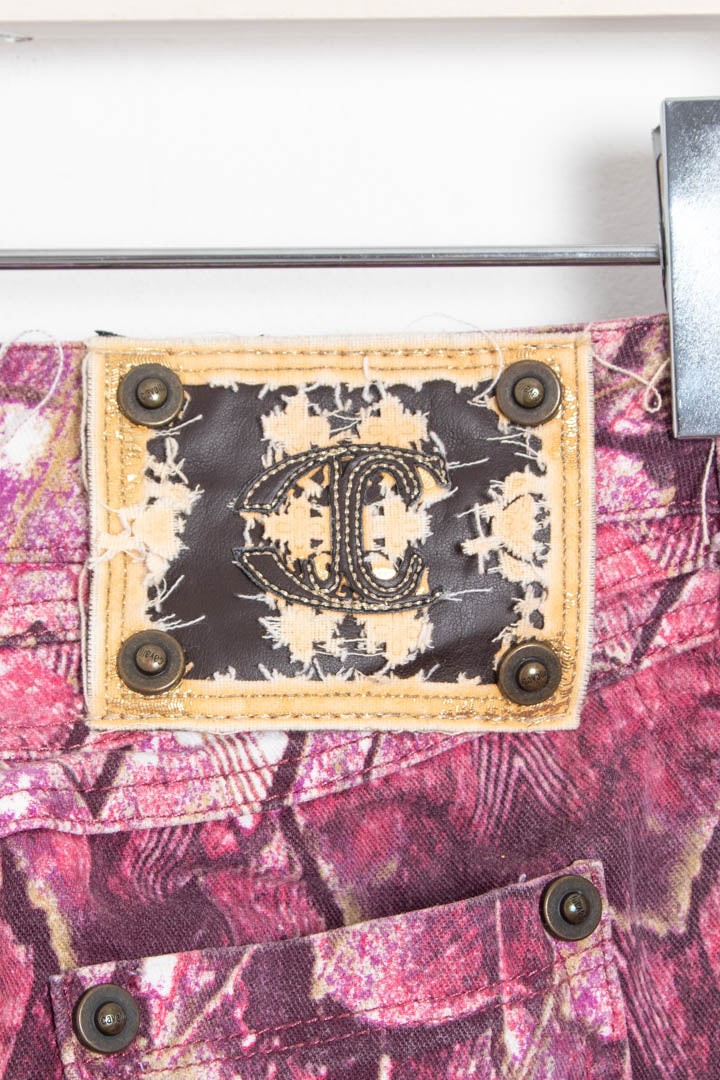 Image of Women's Just Cavalli Pink Python Scale Printed Denim Midi Skirt (UK 10)