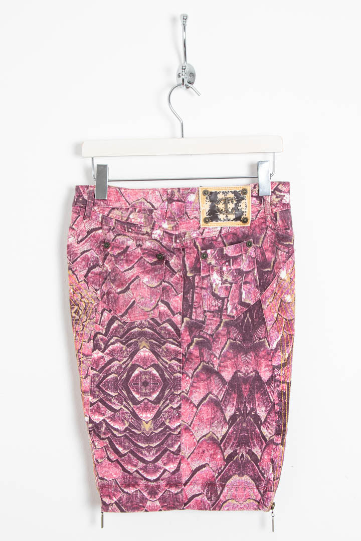 Image of Women's Just Cavalli Pink Python Scale Printed Denim Midi Skirt (UK 10)
